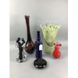 A LOT OF FIVE GLASS VASES AND A BOTTLE