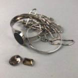 TWO UNMOUNTED SMOKY QUARTZ STONES, A SILVER BANGLE ALONG WITH A NECKLACE AND HARDSTONE BANGLE