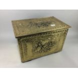 AN EMBOSSED BRASS LOG BOX AND OTHERS