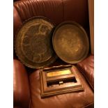 AN EASTERN BRASS CIRCULAR TRAY ALONG WITH OTHER METAL AND WOOD ITEMS