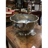 A SILVER PLATED TWIN HANDLED ICE BUCKET, A TRAY AND A BISCUIT BARREL