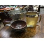 A SILVER MOUNTED WOODEN QUAICH, SILVER OWL AND A HORN BEAKER