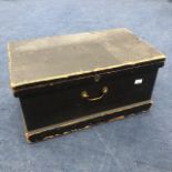A VICTORIAN PINE BLANKET BOX, CHILD'S VINTAGE SEWING MACHINE AND OTHER TOYS
