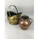 A 19TH CENTURY BRASS COAL SCUTTLE AND A COPPER URN