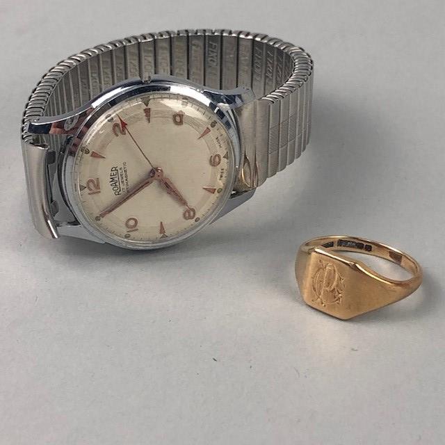 A GENTLEMAN'S ROAMER STAINLESS STEEL WRIST WATCH AND A GOLD SIGNET RING