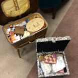 A RETRO SEWING TABLE, AN UPHOLSTERED FOOTSTOOL AND SEWING ITEMS