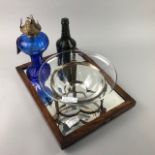 A J G BARR & CO GLASS SODA BOTTLE, GLASS OIL LAMP, BOWL AND MIRROR