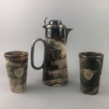 A VICTORIAN HORN JUG AND A PAIR OF BEAKERS