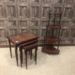A REPRODUCTION FOUR TIER WHATNOT AND A MAHOGANY NEST OF THREE TABLES