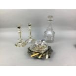 A LOT OF SILVER PLATED WARE, DECANTER AND WALL MIRROR