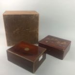 A VICTORIAN MAHOGANY BRASS INSET JEWELLERY CASKET AND TWO OTHERS