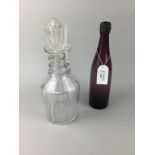 AN AMETHYST GLASS DECANTER ALONG WITH ANOTHER DECANTER