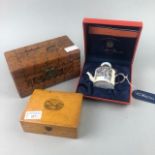 A MAUCHLINE BOX, MINIATURE CHEST AND ENAMEL TEAPOT