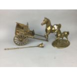 A BRASS MODEL OF A HORSE AND CART WITH OTHER BRASS WARE