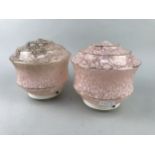 A PAIR OF MOTTLED GLASS LIGHT SHADES AND TWO OTHERS