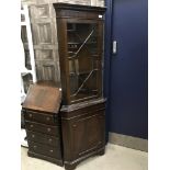 A MAHOGANY CORNER DISPLAY CABINET AND A MAHOGANY BUREAU