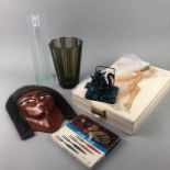 MID 20TH CENTURY GLASS SOLIFLEUR, A LETTER RACK AND OTHER OBJECTS