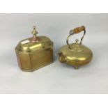 A BRASS TODDY KETTLE, BRASS CADDY, CANDLESTICKS AND OTHER ITEMS