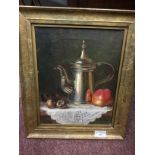A STILL LIFE WITH COFFEE POT AND FRUIT, OIL ON CANVAS AND ANOTHER