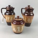 A LOT OF THREE GRADUATED ROYAL DOULTON LAMBETH STONEWARE JUGS