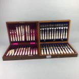 A LOT OF TWO CASED SETS OF MOTHER OF PEARL HANDLED FRUIT KNIVES AND FORKS