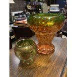 AN ENAMELLED GREEN GLASS VASE AND A GLASS VASE IN THE STYLE OF MONART