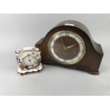 A 20TH CENTURY MAHOGANY CASED MANTEL CLOCK AND A MASON'S CLOCK
