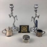 A PAIR OF ART DECO CHROME PLATED FIGURAL CANDLESTICKS AND OTHER ITEMS