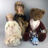 A MODERN AFTER EIGHT TEDDY BEAR AND VARIOUS PORCELAIN DOLLS