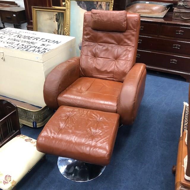 A LOT OF TWO MODERN REVOLVING BROWN LEATHER ARMCHAIRS AND A MATCHING STOOL