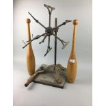 A WOOL WINDER, INDIAN BELL CLUBS AND OTHERS