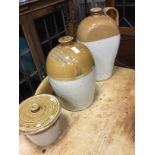 A LOT OF TWO LARGE BRISTOL GLAZED DEMIJOHNS ALONG WITH A CROCK