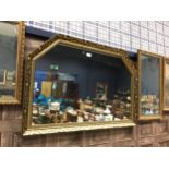 A LOT OF THREE GILT FRAME WALL MIRRORS AND A PAIR OF LARGE PRINTS