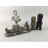 A SMALL CAST METAL DOOR STOP AND OTHER METALWARE