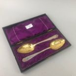 A PAIR OF SILVER AND PARCEL GILT SPOONS IN A FITTED CASE
