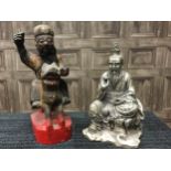 A 20TH CENTURY CHINESE PAINTED WOOD FIGURE, A WHITE METAL BUDDHA AND A DRAGON