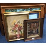 A LOT OF THREE DECORATIVE OIL PAINTINGS AND AN OIL OF VENICE