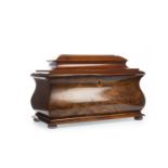 A VICTORIAN MAHOGANY AND FIGURED WALNUT BOMBE SARCOPHAGUS TEA CADDY