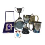 RACING INTEREST - MID-CENTURY RACING TROPHIES ALONG WITH TWO ENAMEL BADGES