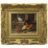 CHICKENS WITH RABBITS, AN OIL BY EDGAR HUNT