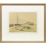 COASTAL SCENE WITH YACHT AND ANGLER, A WATERCOLOUR BY E A TAYLOR