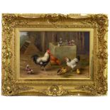 CHICKENS WITH PIGEONS, AN OIL BY EDGAR HUNT