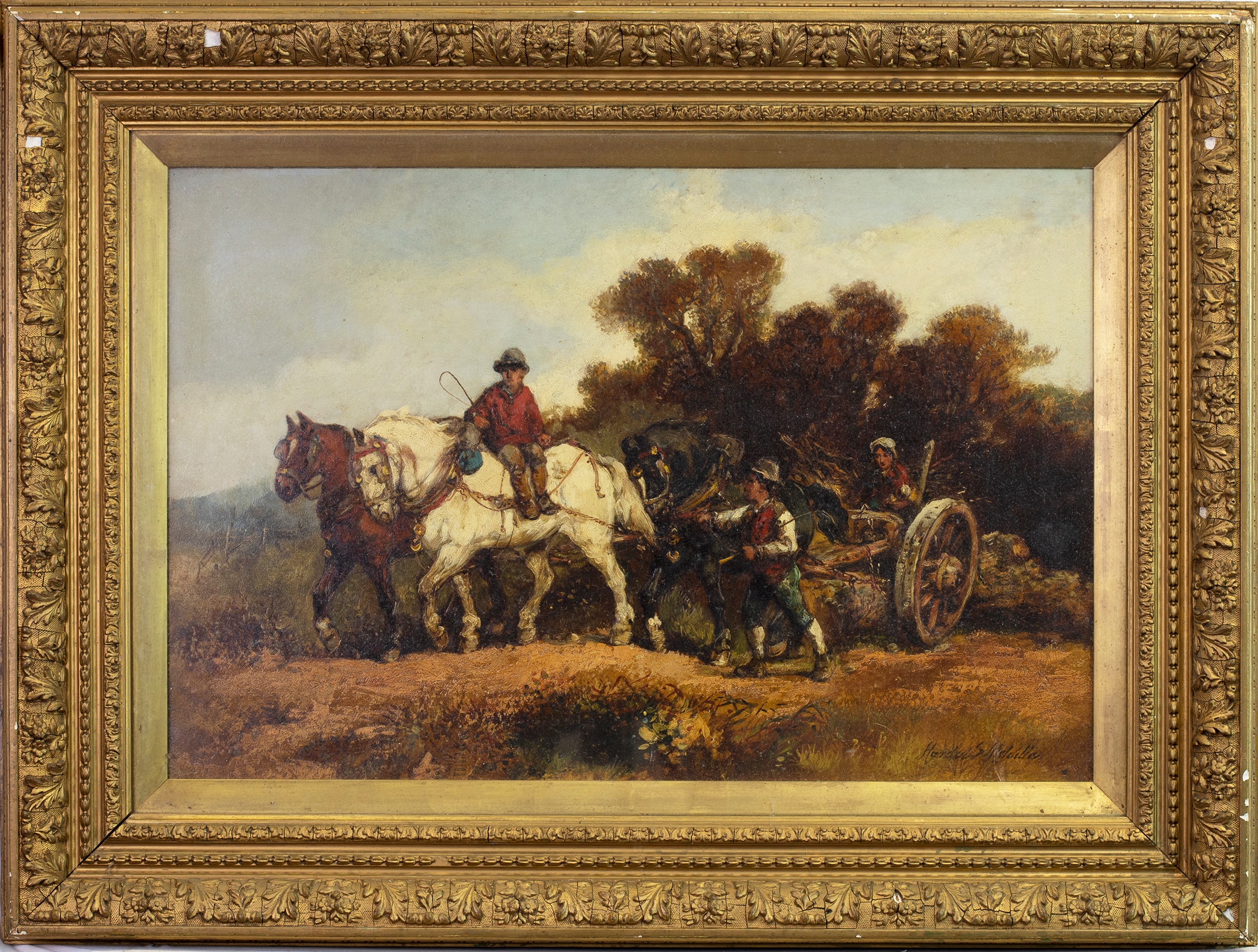 RURAL SCENE WITH FIGURES AND CLYDESDALES, AN OIL