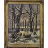 SHEEP IN A WINTER LANDSCAPE, AN OIL BY JOSEPH FARQUHARSON