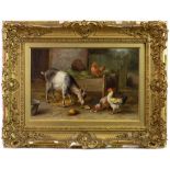 CHICKENS WITH GOATS, AN OIL BY EDGAR HUNT