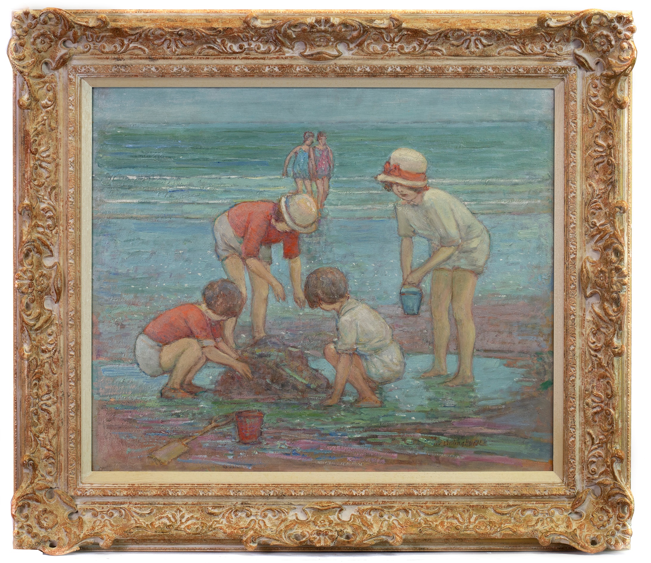 CHILDREN AT SEASIDE, AN OIL BY ALFRED JOHN BILLINGHURST