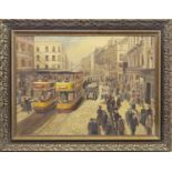 BUSY GLASGOW STREET, AN OIL BY PETER ST CLAIR MERRIMAN