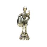 A EARLY 20TH CENTURY SILVER PLATED FIGURE OF A KNIGHT IN ARMOUR