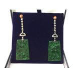 A PAIR OF JADE, CORAL AND DIAMOND EARRINGS