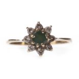 A GREEN GEM SET AND DIAMOND CLUSTER RING